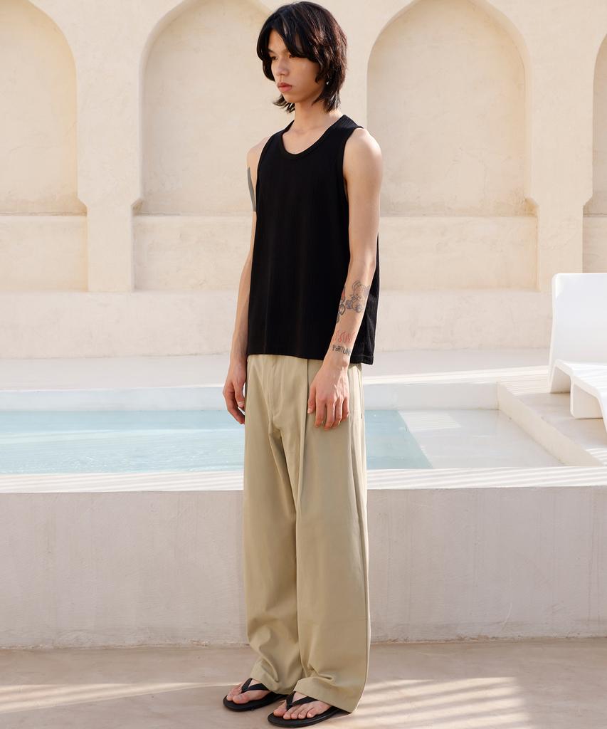 SIGNATURE One-Pleat Wide Cotton Pants [Beige]