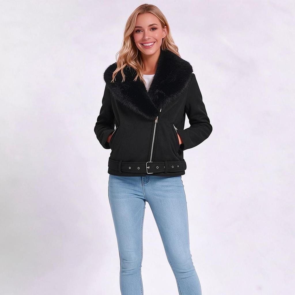 Women’s Faux Fur Coats 2 Way Wear Outfit Detachable Fur Collar Zipper Jacket Matte Faux Suede Crop Top Stylish Motobike Wear