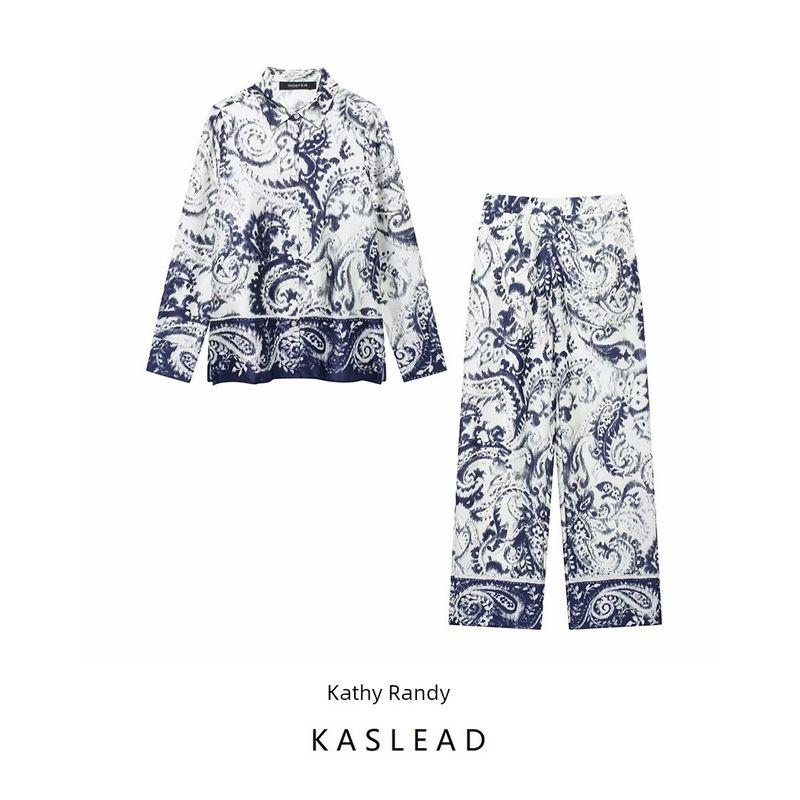 Kaslead New Arrival Women's Fashion Style Fashionable with Side-Slit Print Shirt Pants 8955174 8093173