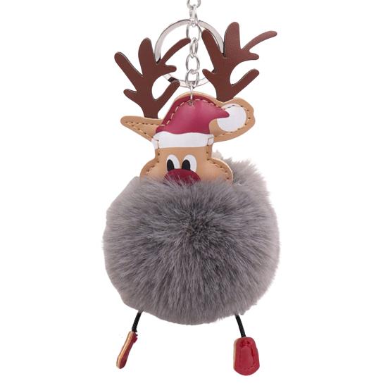 Christmas Deer Keychain Cute Reindeer Pom Pom Keyring Faux Fur Fluffy Plush Ball Charm for Handbag Backpack Purse Accessory