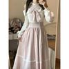 Women's Light Pink Off-Shoulder Dress: Autumn, Sweet Bow Tie, Lace Waist, Long and Trendy