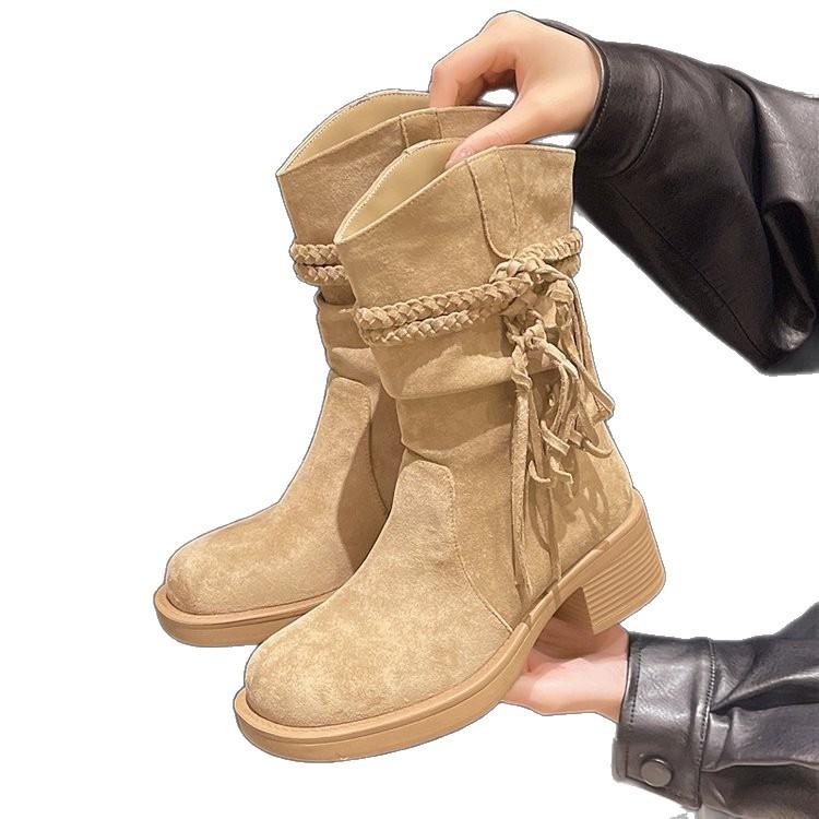 Kuskinnversjon~ retro ødemark frynsete ridestøvler tykk hæl men knelang støvler slank pile mellomhøye støvler kvinner