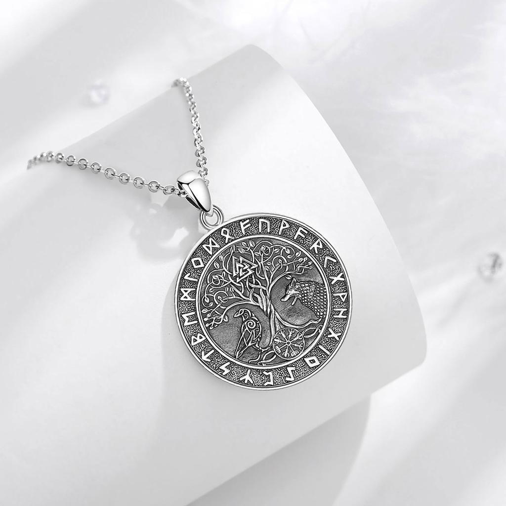 Eudora 925 Silver Viking Wolf Crow Necklace for Women Man Compass Tree of Life Runes Amulet Pendant Personality Jewelry