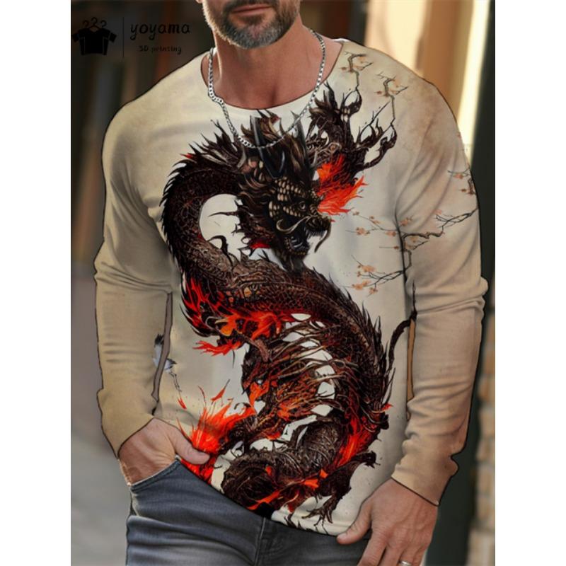 

Мужская одежда с принтом дракона, мужская футболка с длинным рукавом и 3D-принтом, классическая повседневная мужская одежда, дышащая футболка с круглым вырезом, мужские топы 5XL
