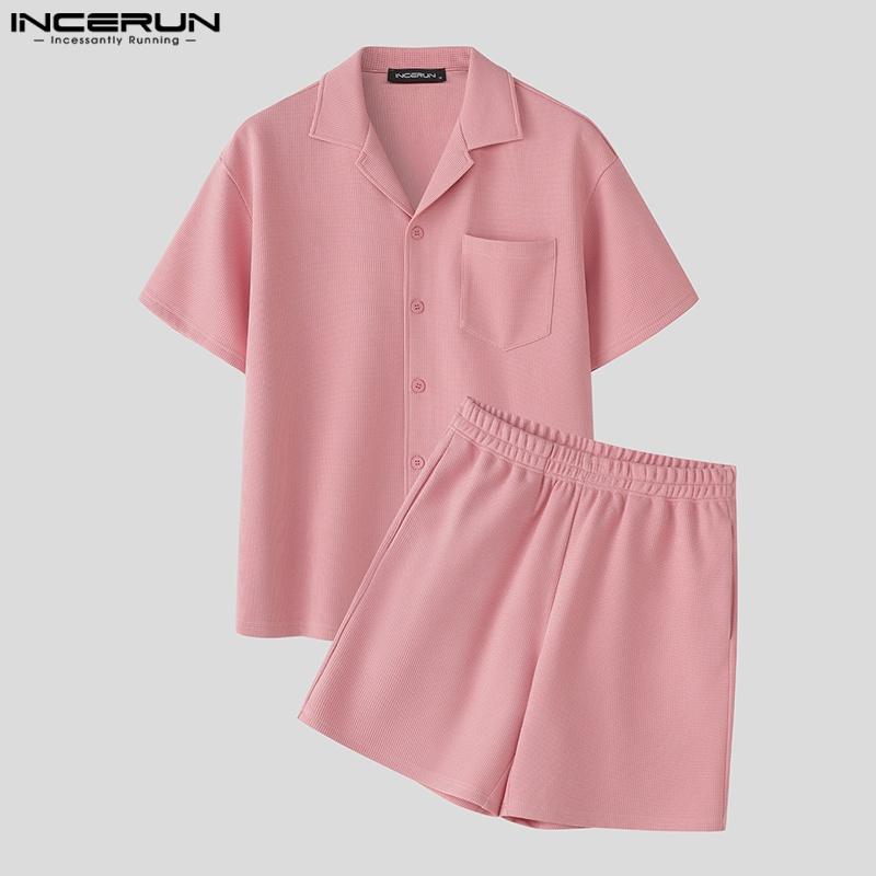 INCERUN Two Pieces Men Short Sleeve Buttons Shirts Short Pants Texture Casual Sets