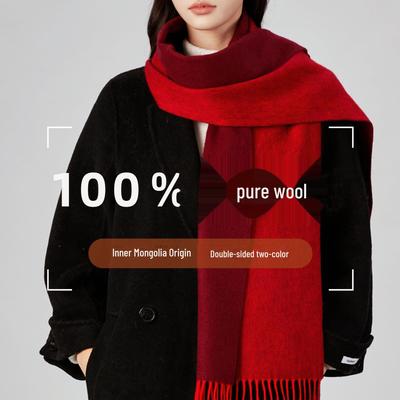 Elegant Red 100% Wool Scarf: Korean Style, Versatile Shawl for Autumn & Winter