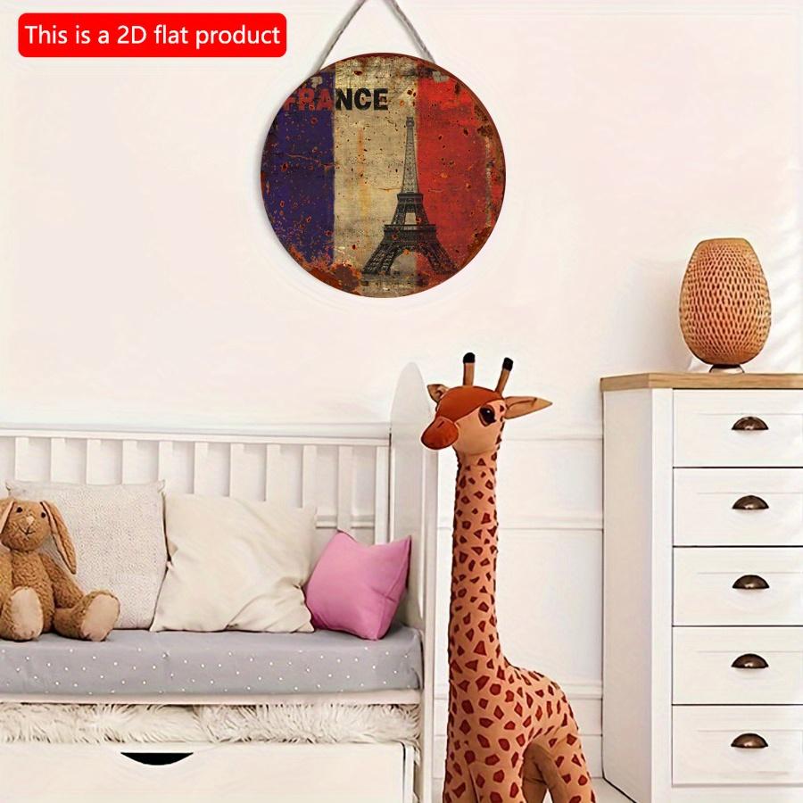 2D flat 20*20cm 1pc French flag&Eiffel Tower print round hanging wood board, Imitation of vintage paint-off style French Home Meditation Room&Housewar