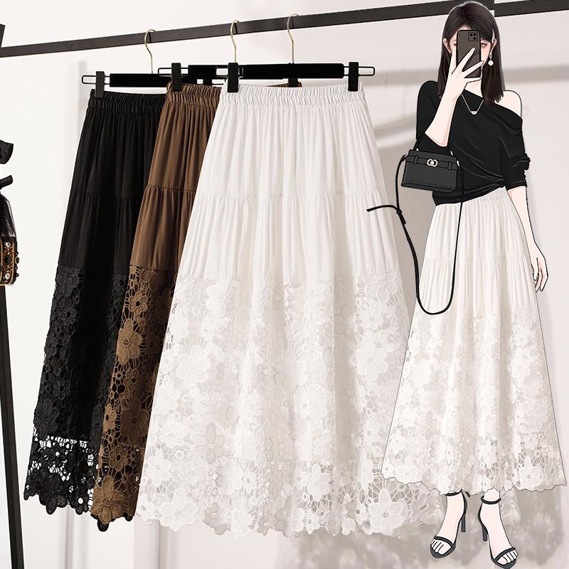 Elegant Plus Size Lace Patchwork Mid-Length Autumn Skirt XL