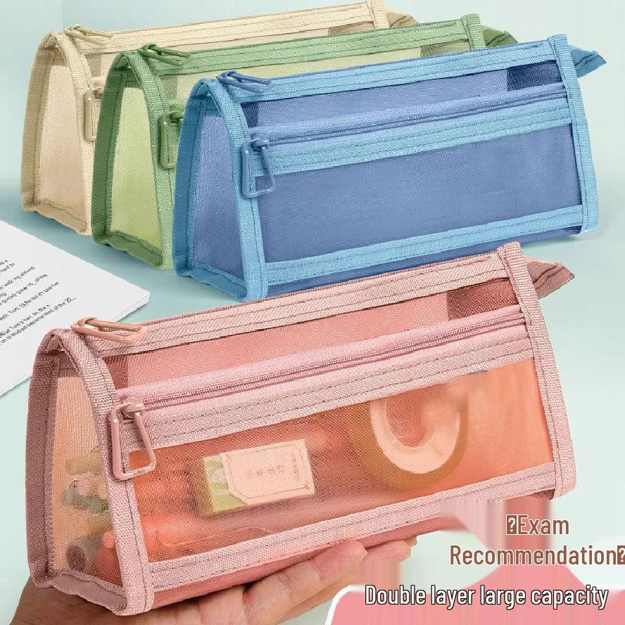 Transparent Mesh Double-Layer Pencil Case for Students - Large Capacity