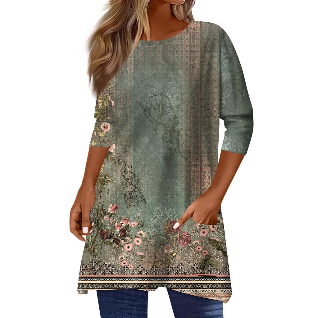 3/4 Sleeve Tops For Women T-Shirt Casual Print Tops T Shirt Round Neck Pullover  Blouse