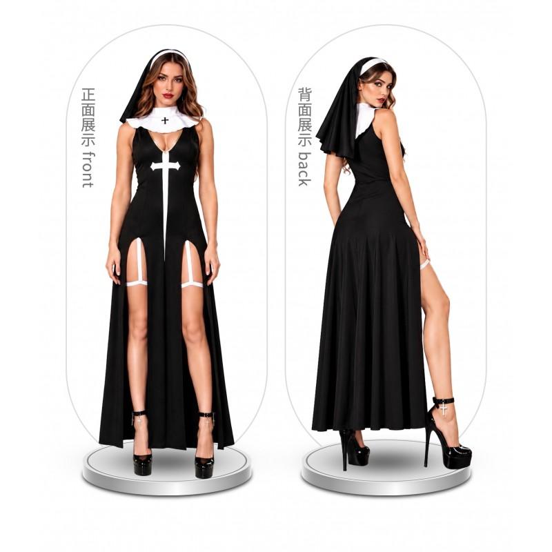 Halloween Nun Costume Women Adult Cosplay Outfit Sexy Stage Performance Dress Set