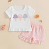 Toddler Baby Girl Summer Clothes Ice Cream Embroidery Short Sleeve Round Neck Tops + Plaid Print Ruffled Shorts