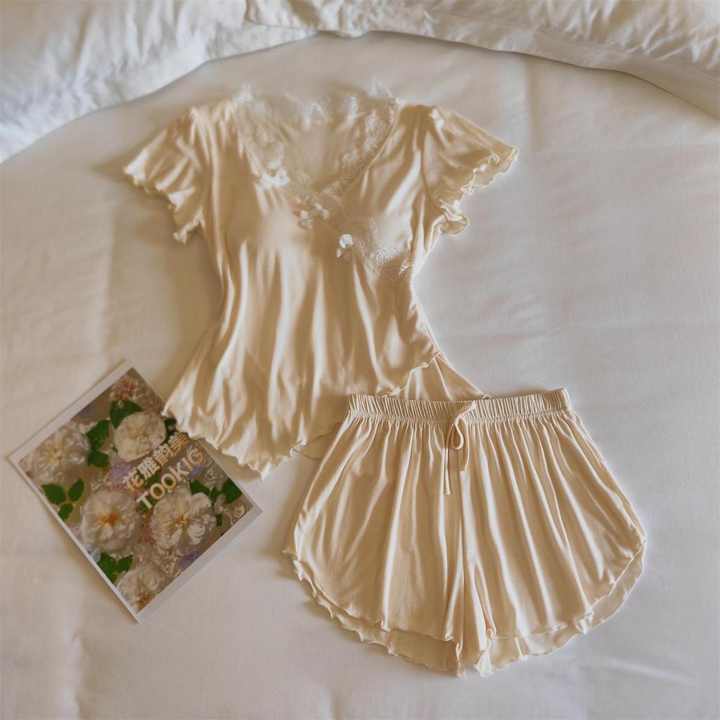 Women's Modal Pajama Set: Short-Sleeved with Built-in Bra, Includes Shorts and Long Pants for Spring/Summer