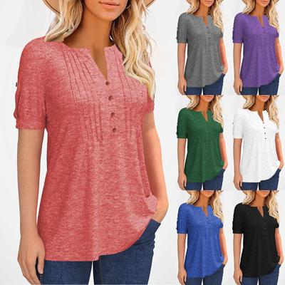 Women Short Sleeve V Neck Button Front Pleated Casual Loose Fit Top T Shirt Lightweight Comfortable Daily Wear