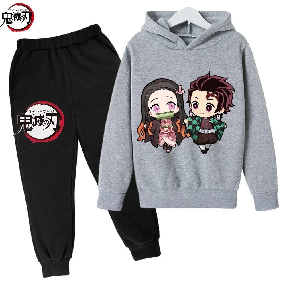 New Demon Slayer Cartoon Children Set Autumn Spring Sweatshirts Pants 2pcs Suit  Kid Boy Girl Clothes Casual Tracksuit