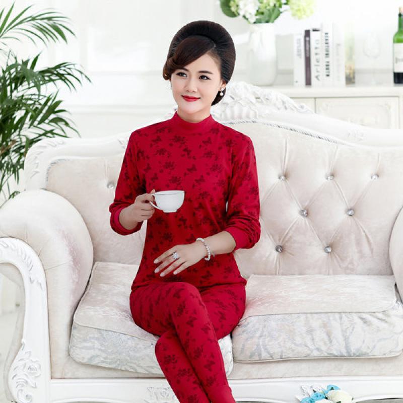 A High-neck, Thin and Large-sized Cotton Sweater Set for Middle-aged and Elderly Women In Thermal Underwear