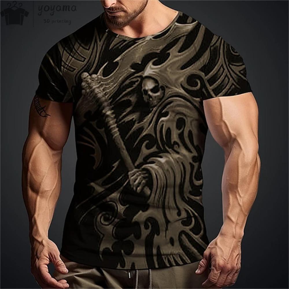 Summer Round Neck 3D Vintage Horror Skull Pattern Print Top Fashionable Casual Short Sleeved Men's T-shirts