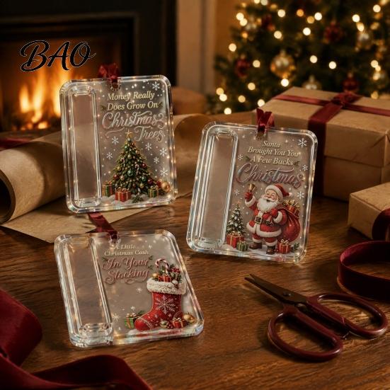 Festive Cash Gift Envelope 3 Pcs Christmas Ornament, Acrylic Money Holder for Cash, Clear Decorative Hanging Box Xmas Tree Decoration, Holiday