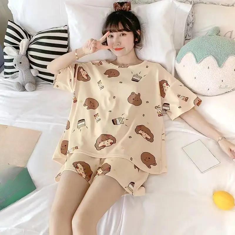 Women's Pajamas Set Sweet Cartoon Sleepwear Print Tops and Shorts Pajama 2 Piece Suit Homewear Nightwear Loungewear for Autumn
