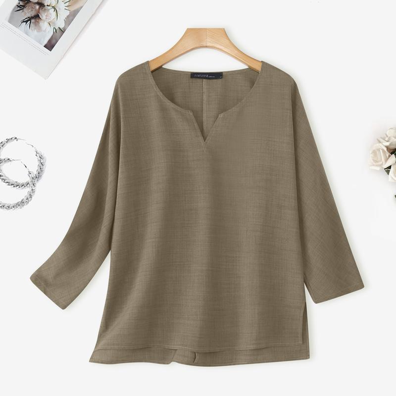 

ZANZEA Женская повседневная однотонная блузка с v-образным вырезом и длинными рукавами L хаки