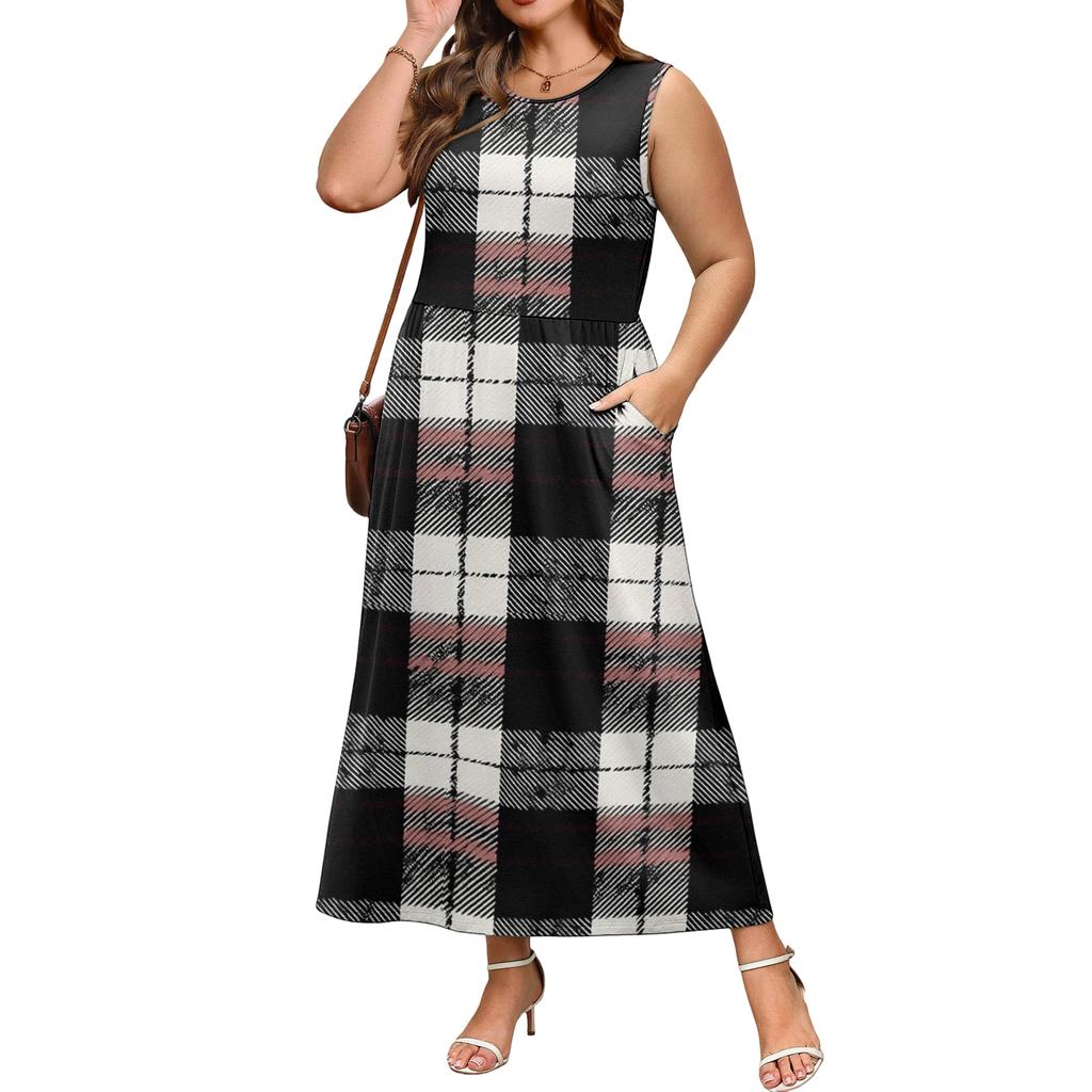 Ladies' Plaid Printed Casual and Fashionable Waist Cinched Sleeveless Dress