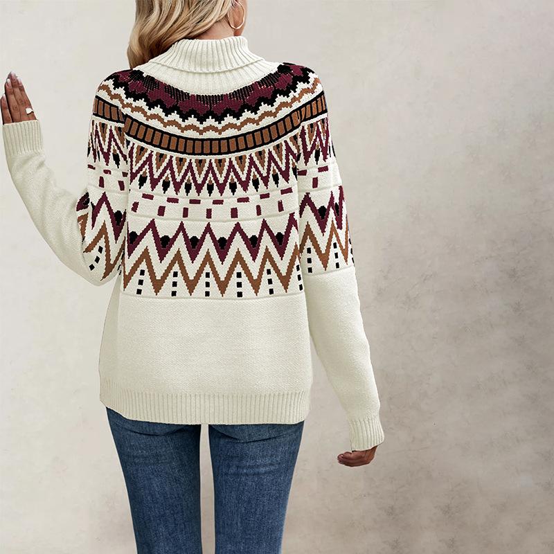 Autumn Winter High Neck Loose Knit Sweaters Retro Striped Patchwork and Contrasting Colors Sweaters