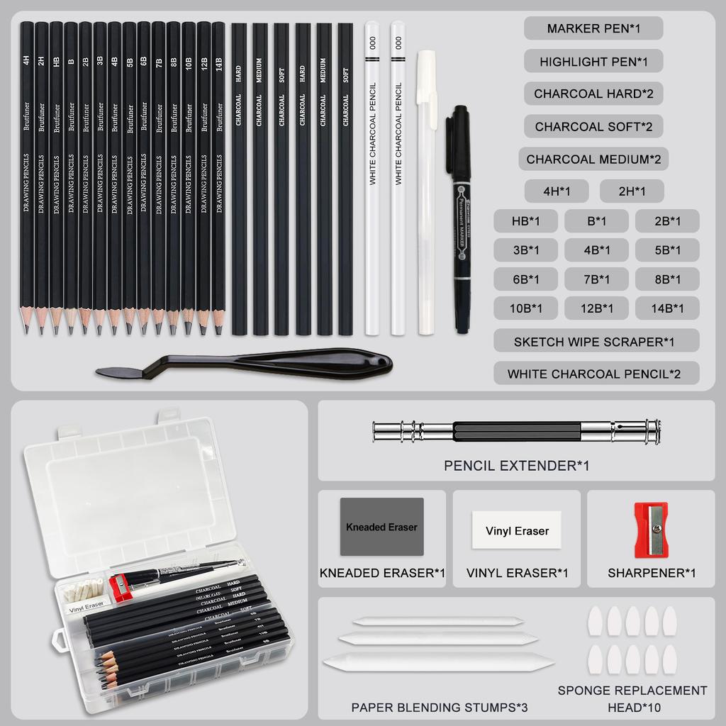 20/38/42/48 Pcs Sketch Pencil Set Sketching Kit Roll Up Canvas Wrap Bag Drawing Art Supplies Charcoals Kneaded Eraser PencilCase