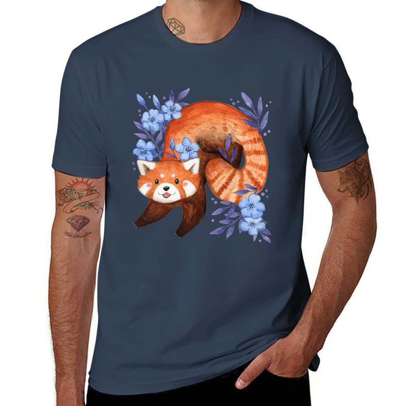 Red Panda Floral Blue Tshirt Large Size Breathable Tee S