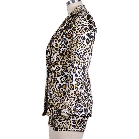 2 Pcs/Set Women Blazer Shorts Set Long Sleeves Slim Fit Elegant Deep V Neck Wash-and-wear Leopard Print