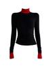 Korean Color Block Half-Neck Long-Sleeve Slim-Fit T-Shirt for Women - Autumn/Winter Style