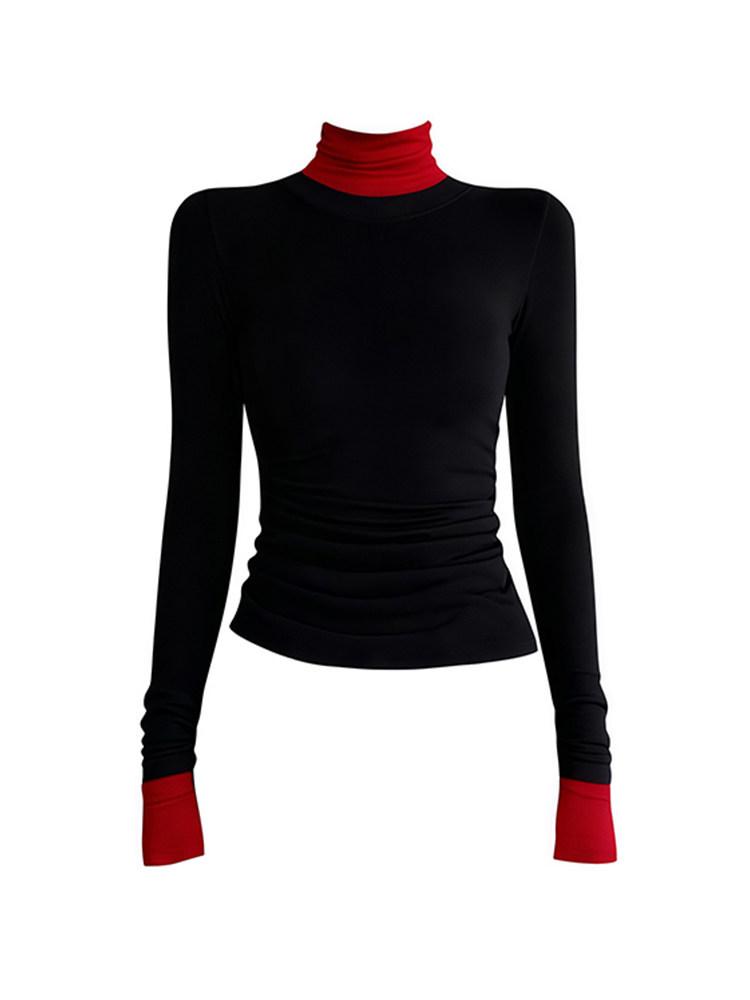 Korean Color Block Half-Neck Long-Sleeve Slim-Fit T-Shirt for Women - Autumn/Winter Style