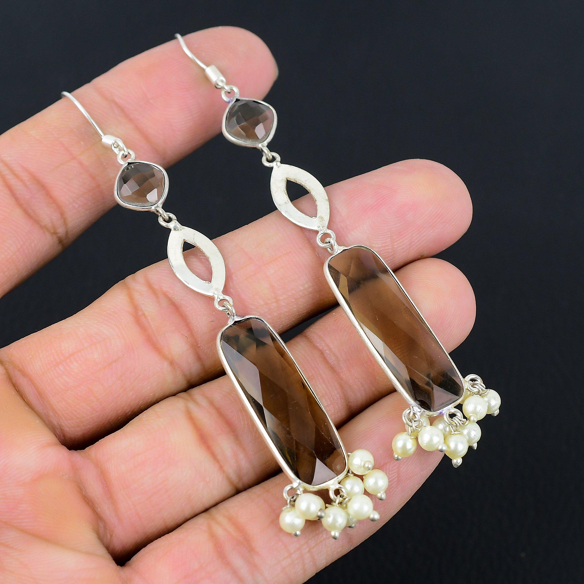 

Sisters Day Sale Smokey Quartz Gemstone Sterling Silver Dangle Earrings Jewelry