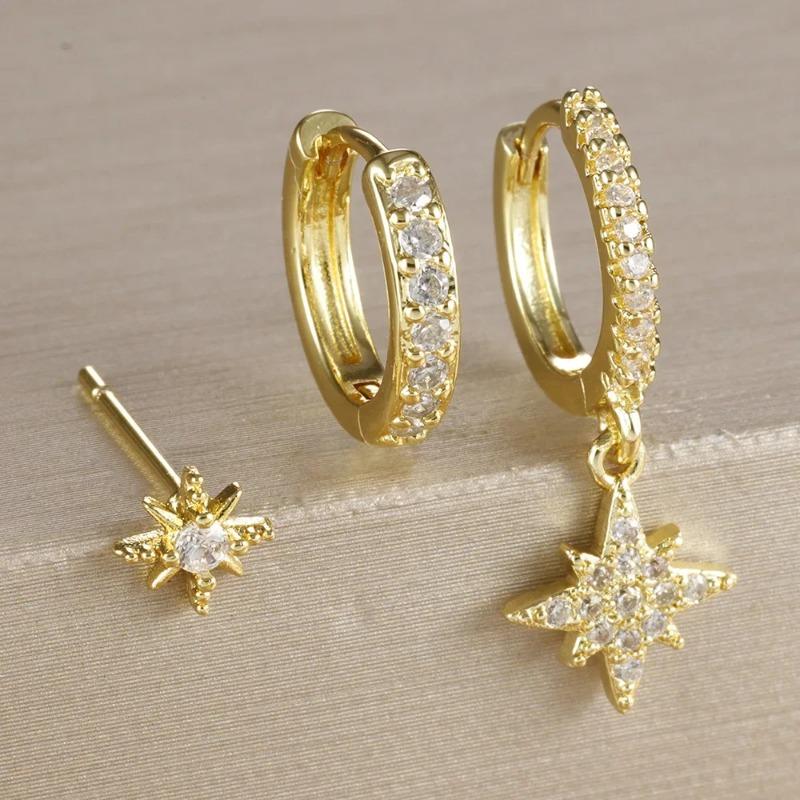3 Pcs Fashion Stainless Steel Round Star Drop Earrings for Women Trendy Crystal Zirconia Dangle Earring Punk Unisex Rock Jewelry