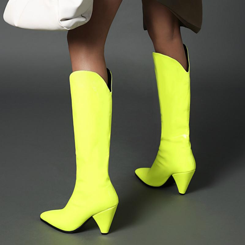 Fashion Women's High Boots Winter Shoes Point Western Cowboy Knee High Boot Pink Yellow Black Long Fetish Shoes Lady Large Size