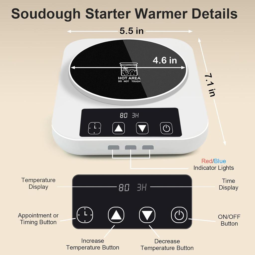 Sourdough Starter Warmer and 34oz Glass Sour Dough Starter Jar Kit Set, 1°F Precise Temperature Control From 70 to 100°F, 0-12H Timer Auto Warming
