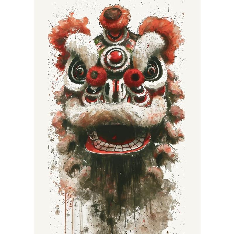 

Modern Colorful Chinese Lion Dance Ink Wash Style Posters and Prints Canvas Printing Wall Art Picture for Living Room Decoration 21cm×30cm NoFrame