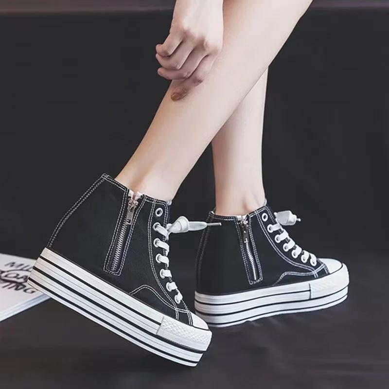 fashion Women's Canvas Shoes Inner Height Increase 2024 Summer Autumn New Style Zipper Skateboard Shoes Versatile Thick Bottom Clog