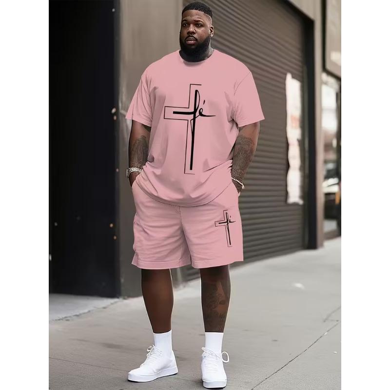 Simple Letter Print T-shirt Shorts 2-piece Set Fashion Men's Suit Big Size Loose Short Sleeve T Shirt Drawstring Shorts Set