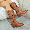 Fashion Casual Hollow Out Mid Calf Western Cowboy Boots Women 2025 Pointed Toe Medium Heel Riding Boots Fashion Music Festival Shoes
