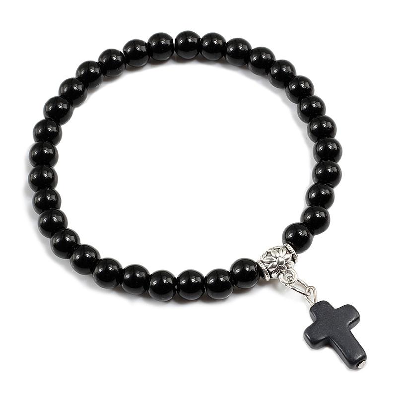 Gebetsarmband 6MM Onyx Natursteinperlen Religion Jesus Kreuz Anhänger Armbänder Armreifen für Männer Frauen Yoga Freundschaft Schmuck