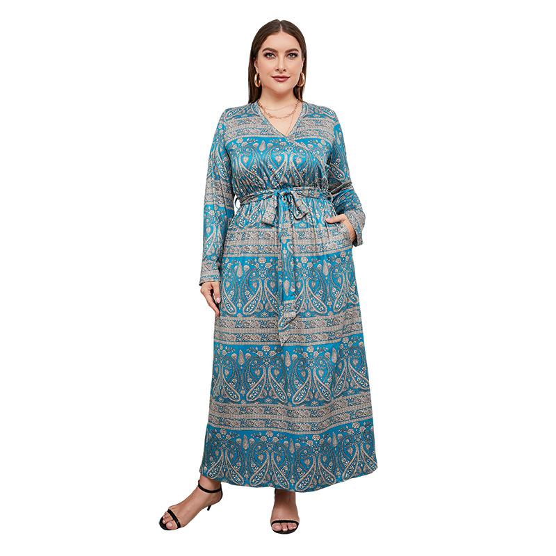 Spring and Autumn Women's Dress Plus Size Loose Women's V-Neck Long Dresses Vintage Temperament Printed Dresses