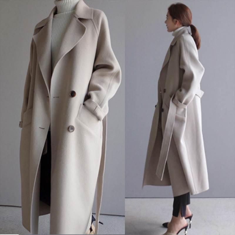 Wollmantel für Damen - 2024 Herbst/Winter Koreanischer Stil Lange Gürtel-Überkniejacke
