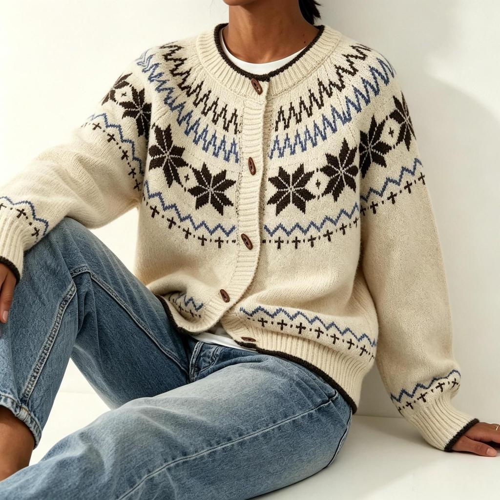 Women's 2026 Autumn/Winter Jacquard Knit Round Neck Snowflake Cardigan Sweater with Horn Buttons