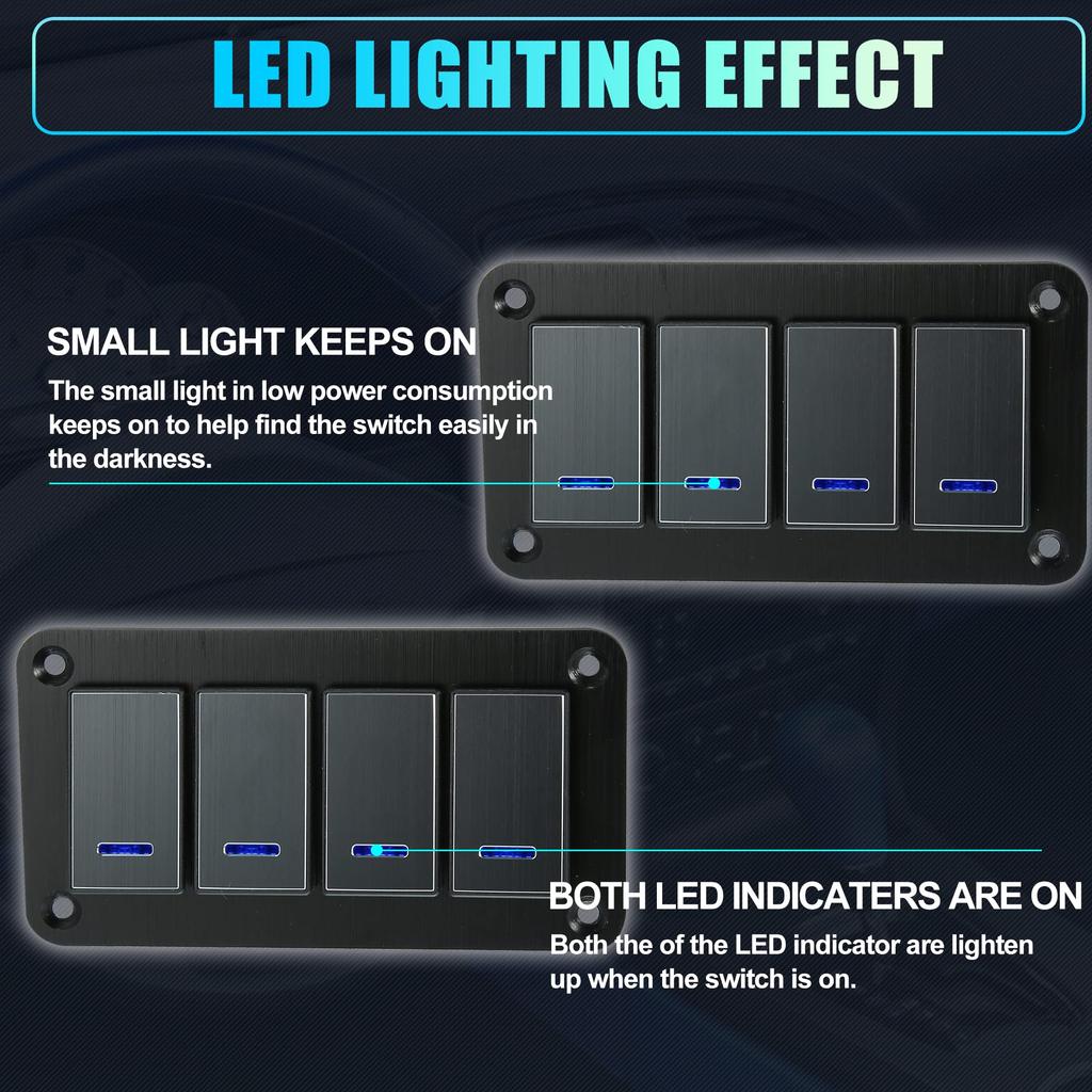 uxcell Rocker Switch Toggle Switch Waterproof Aluminum Blue LED Push for Black 4-Gang Panel, 5-Pin On/Off Pre-Wired Control, Alloy, Light, Button,