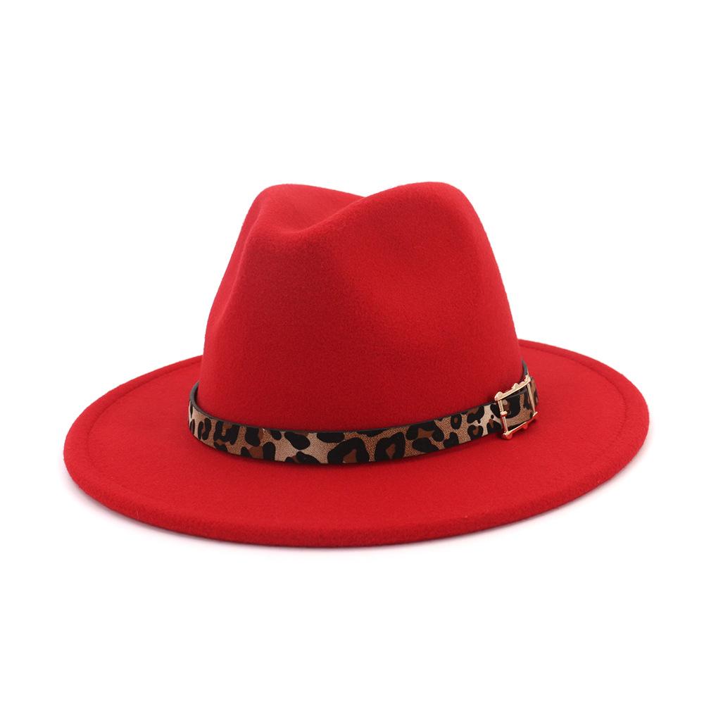 19 Color Women'S Wide Brim Felt Fedora Panama Hat With Leopard Belt Buckle Party Trilby Cowboy Hat Fashion Jazz Cap