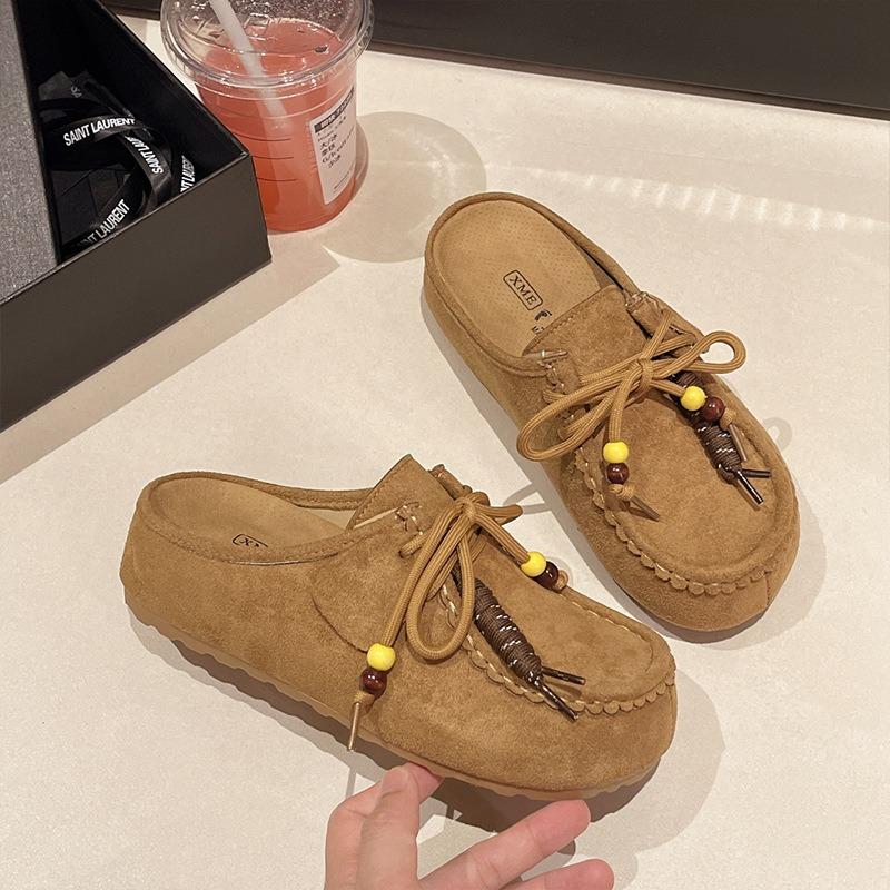 Niche beaded retro baotou half slippers women wear new autumn and summer thick-bottomed inner height-increasing cool slippers