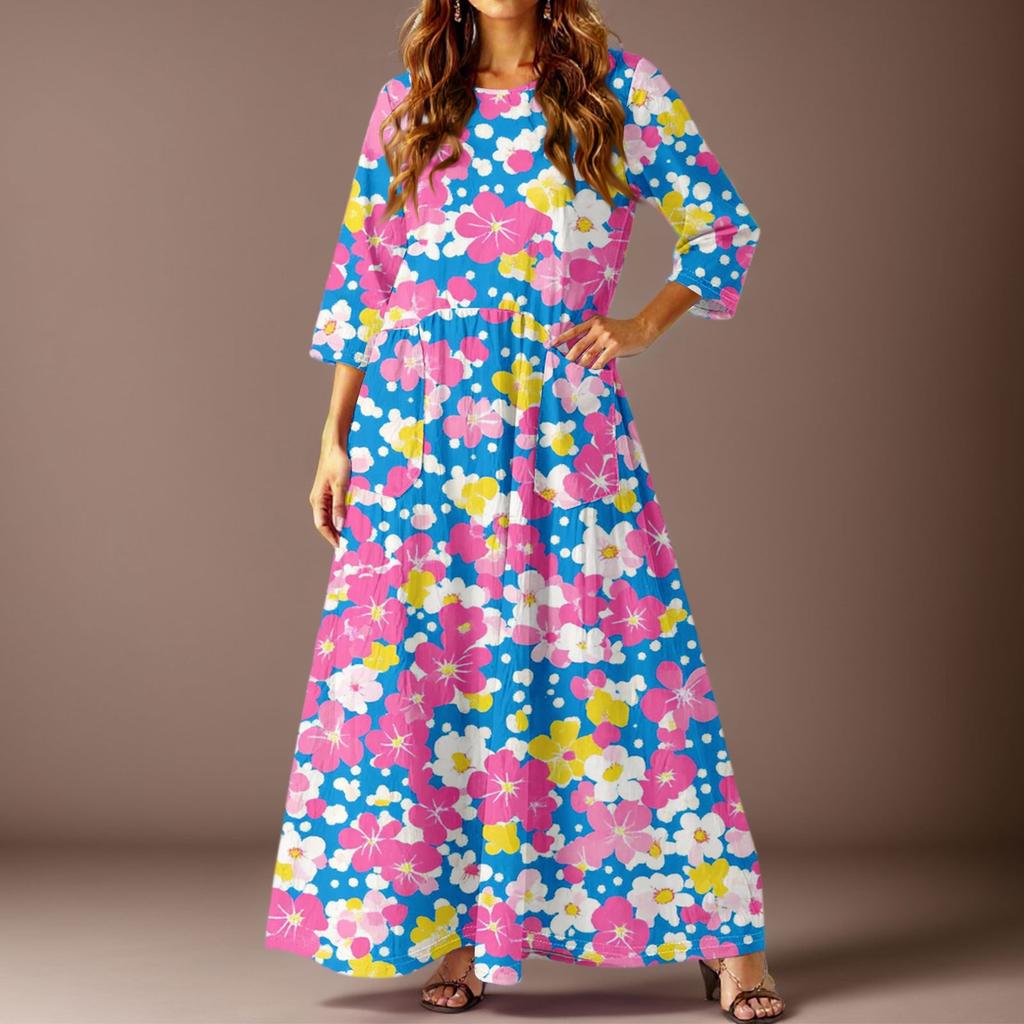 Damen Freizeitmode Blumenmuster Dreiviertelarm Langes Kleid mit Taschen