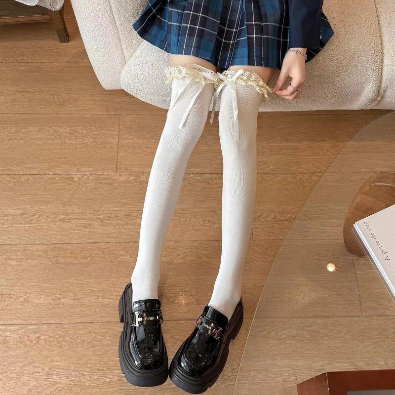 Japanese Women Lace Black White Ruffle Long Socks Kawaii Loli Soft Girl Sweet Stockings JK Lolita Leggings Over The Knee Bowknot