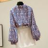 Cămașă din șifon cu mâneci lanternă de primăvară, bluză retro pentru petrecere cu flori fragmentate, top pentru femei cu mâneci lungi și gât în ​​picioare