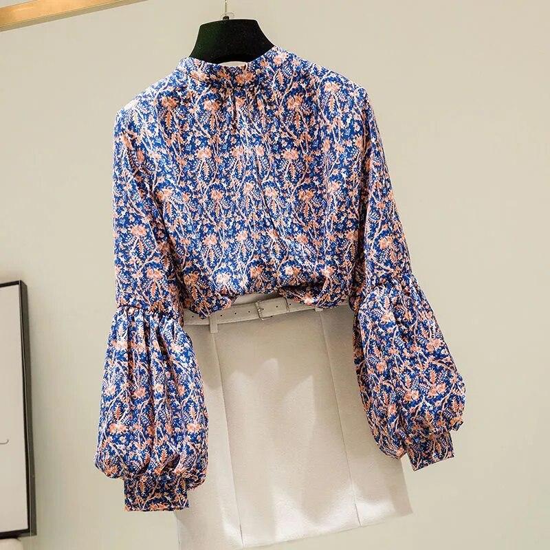 Lucerna rukávy Šifonová košile Jarní novinka Retro Fragmentovaná květinová společenská halenka Dámské tričko s dlouhým rukávem ve stoje